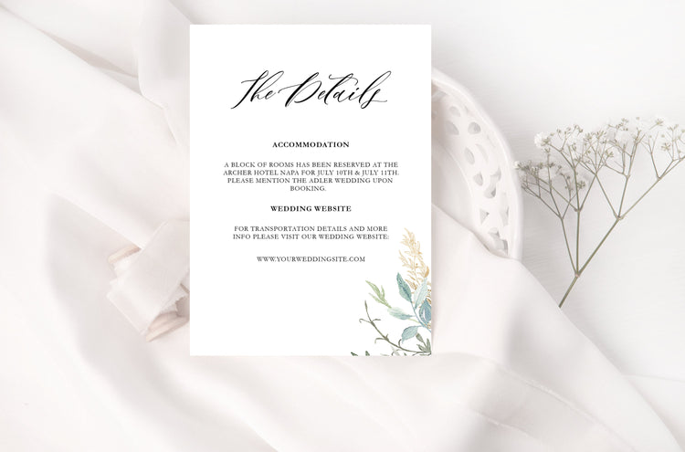 Watercolor Detail Card, greenery wedding invitation, Instant Download, Details Template, Wedding Invitation Set, Editable Template, Templett