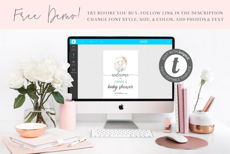 Pink Baby Shower Welcome Sign Template | Editable Welcome Sign | Modern Welcome Sign | Girl Baby Shower | Boho Baby Shower