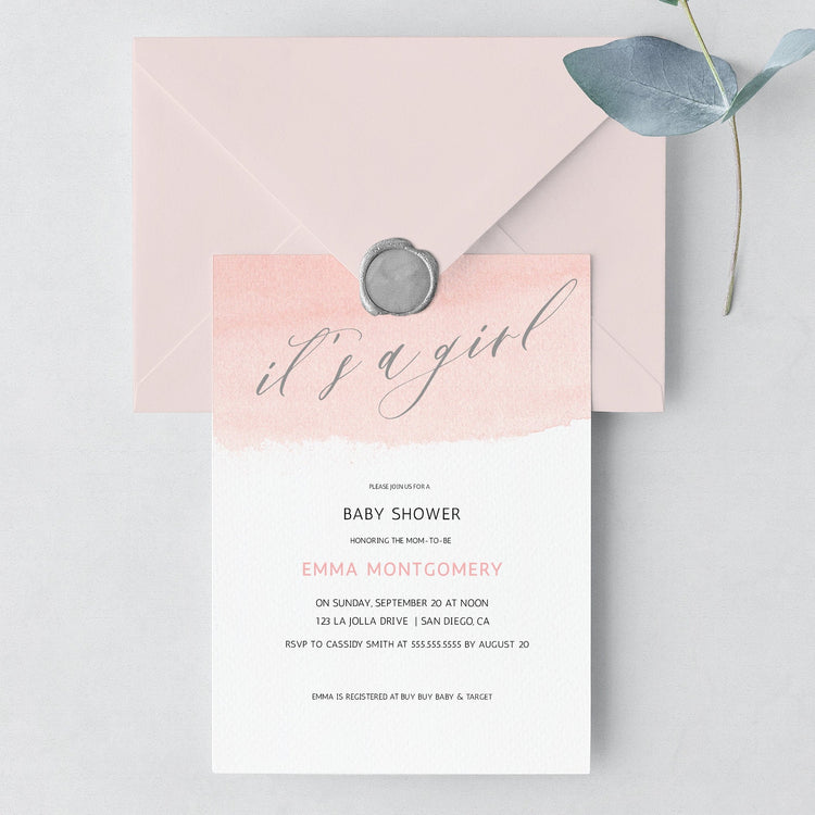 Girl Baby Shower Invitation Template, It's a Girl Baby Shower Invites Watercolor, Printable Invite Editable Invitation, Elegant Baby Shower