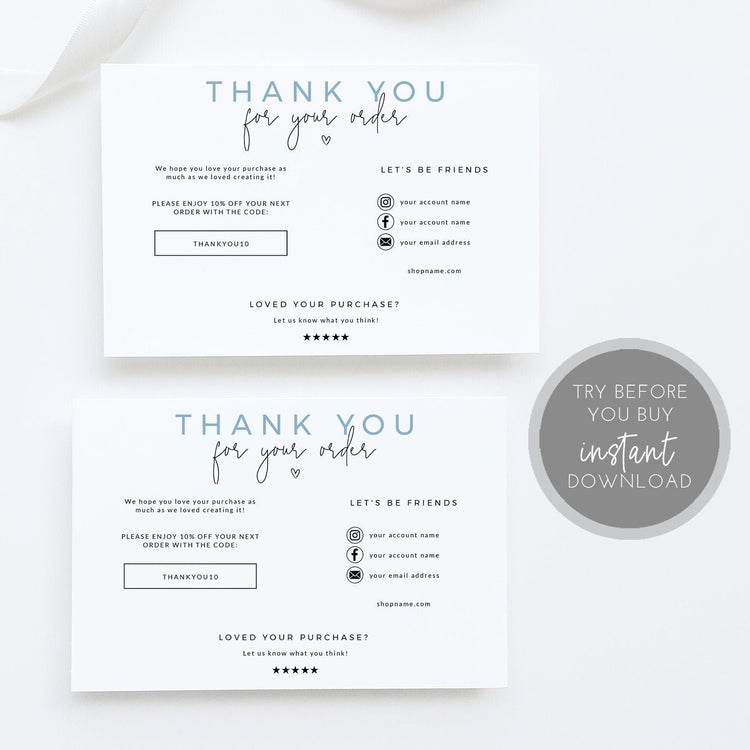 EDITABLE Business Thank You Card Printable | Blue Thank You | Thanks For Your Purchase Card | Seller Thank You | Customer Thank You