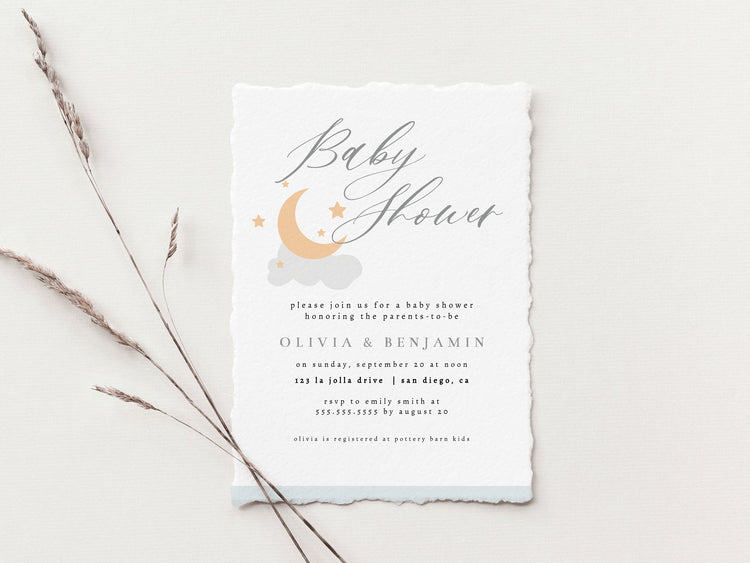 Moon and Stars Baby Shower Invite, Cloud Baby Shower Invitation, Stars Baby Shower Invitation, Editable Invitation