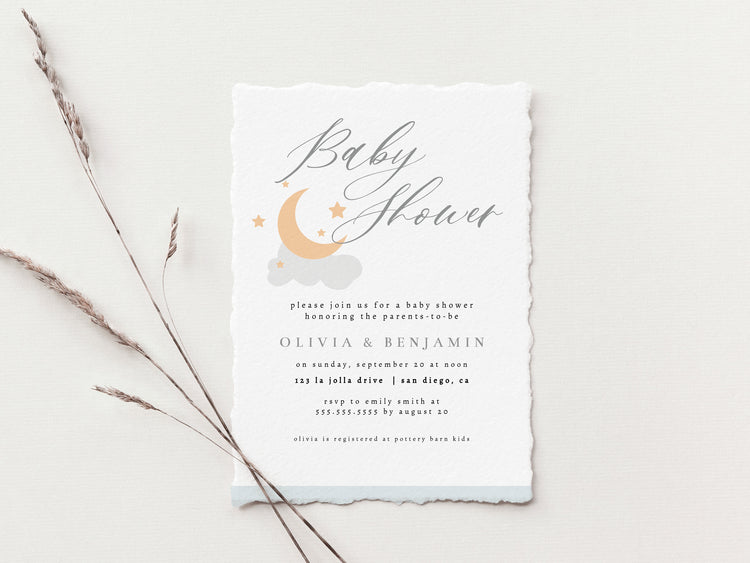 Moon and Stars Baby Shower Invite, Cloud Baby Shower Invitation, Stars Baby Shower Invitation, Editable Invitation