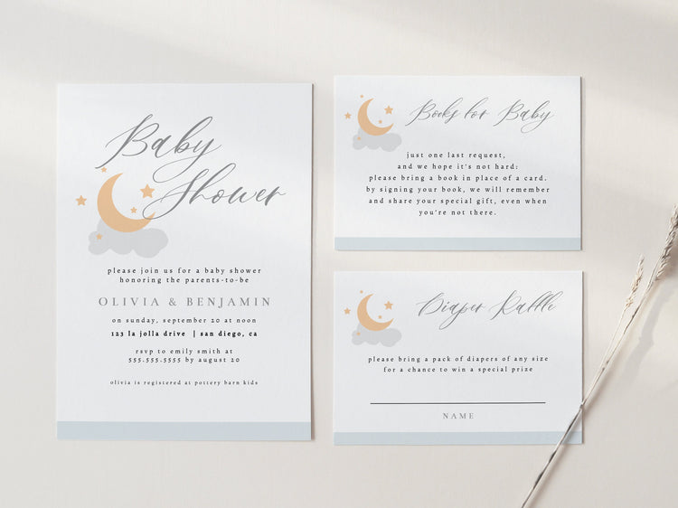 Moon and Stars Baby Shower Invite, Cloud Baby Shower Invitation, Stars Baby Shower Invitation, Editable Invitation