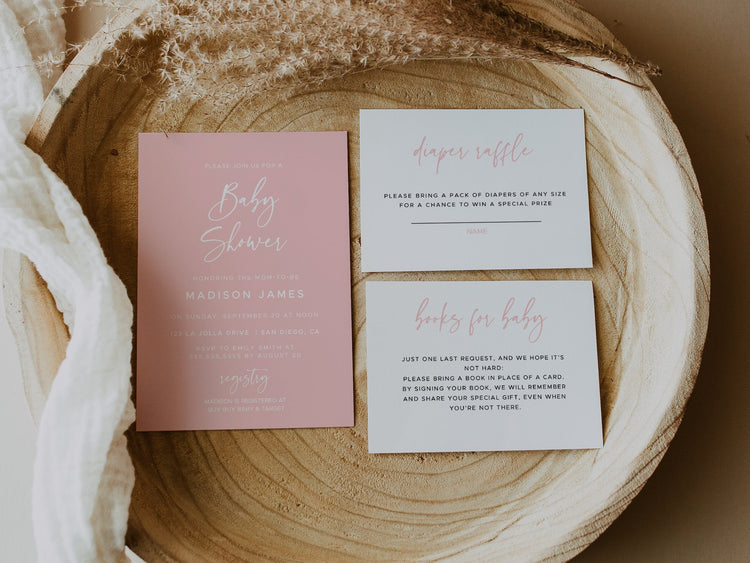 Pink Baby Shower Invitation Template | Girl Baby Shower Bundle | Books for Baby Diaper Raffle | Minimalist Baby Shower Invite