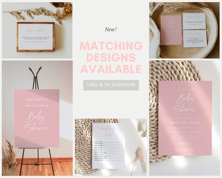 Pink Baby Shower Invitation Template | Girl Baby Shower Bundle | Books for Baby Diaper Raffle | Minimalist Baby Shower Invite
