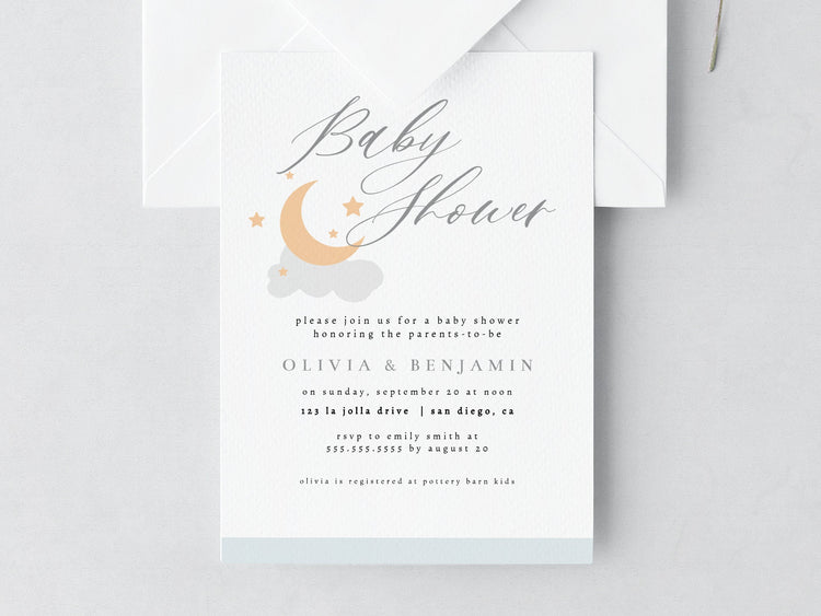 Moon and Stars Baby Shower Invite, Cloud Baby Shower Invitation, Stars Baby Shower Invitation, Editable Invitation