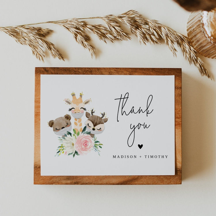 Baby Animal Thank You Card, Social Distance Baby Shower, Editable Template, Flat & Folded Note Card, Instant Download