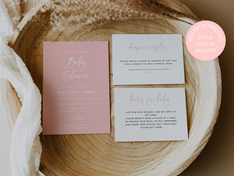 Pink Baby Shower Invitation Template | Girl Baby Shower Bundle | Books for Baby Diaper Raffle | Minimalist Baby Shower Invite