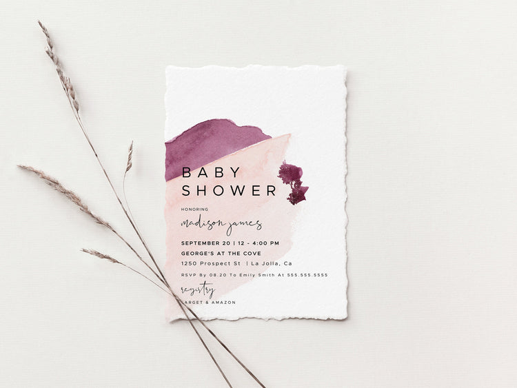 DAKOTA | Pink Burgundy Baby Shower Invitation Template, Pink Burgundy Watercolor, Printable Baby Shower Invitation Template, EDITABLE