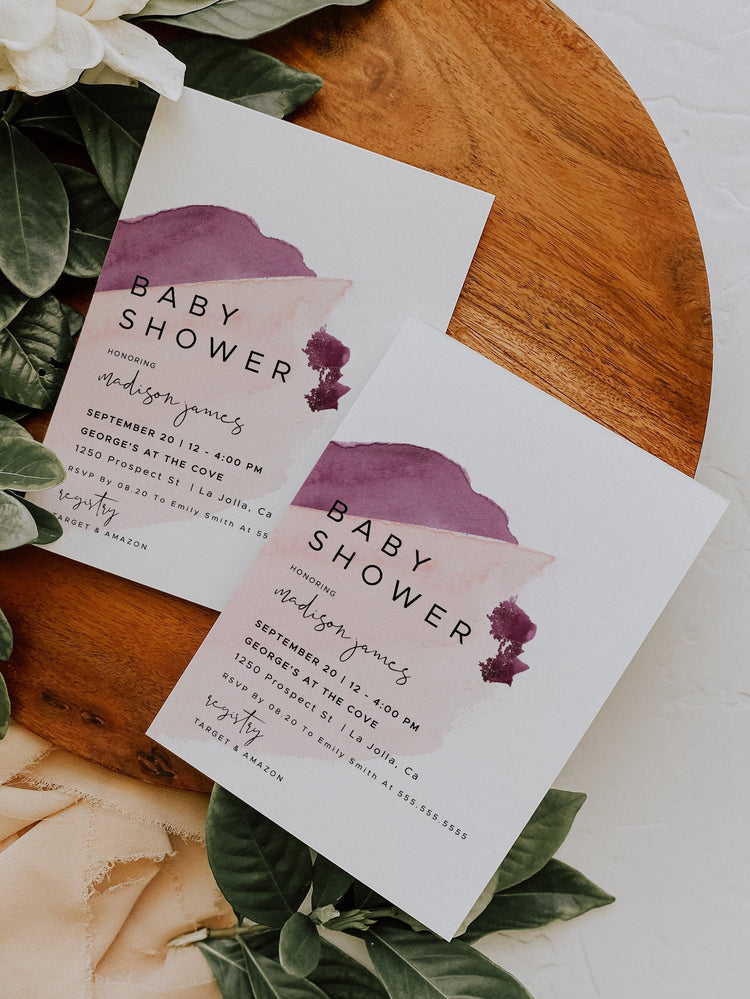 DAKOTA | Pink Burgundy Baby Shower Invitation Template, Pink Burgundy Watercolor, Printable Baby Shower Invitation Template, EDITABLE