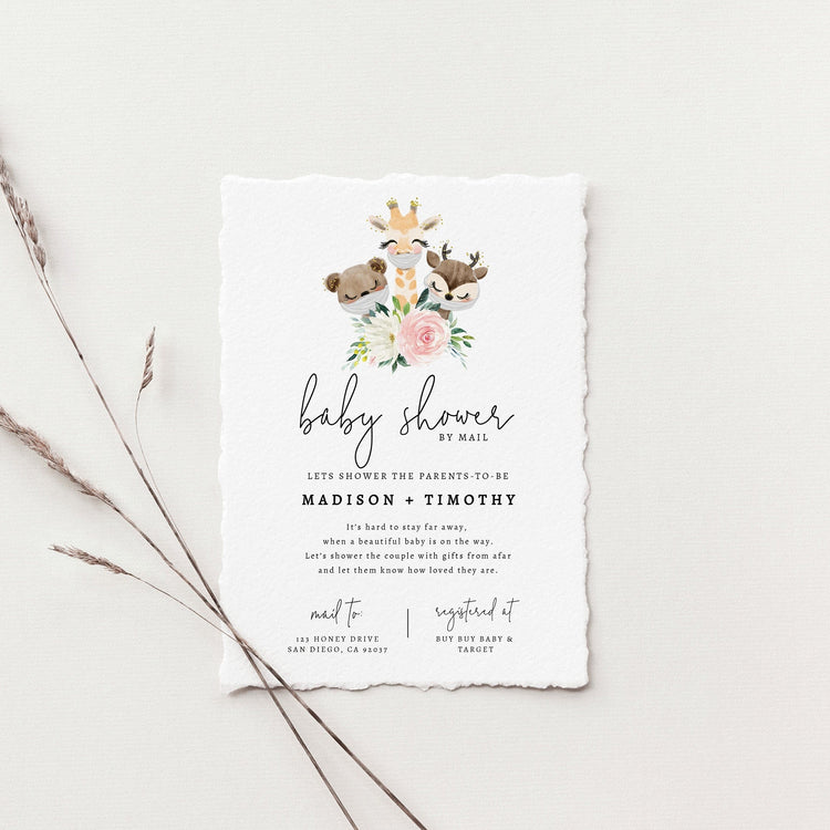 Baby Shower by Mail Template, Quarantine Animals, Social Distancing Shower Invite, Editable Text, Instant Download