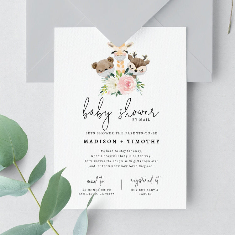 Baby Shower by Mail Template, Quarantine Animals, Social Distancing Shower Invite, Editable Text, Instant Download