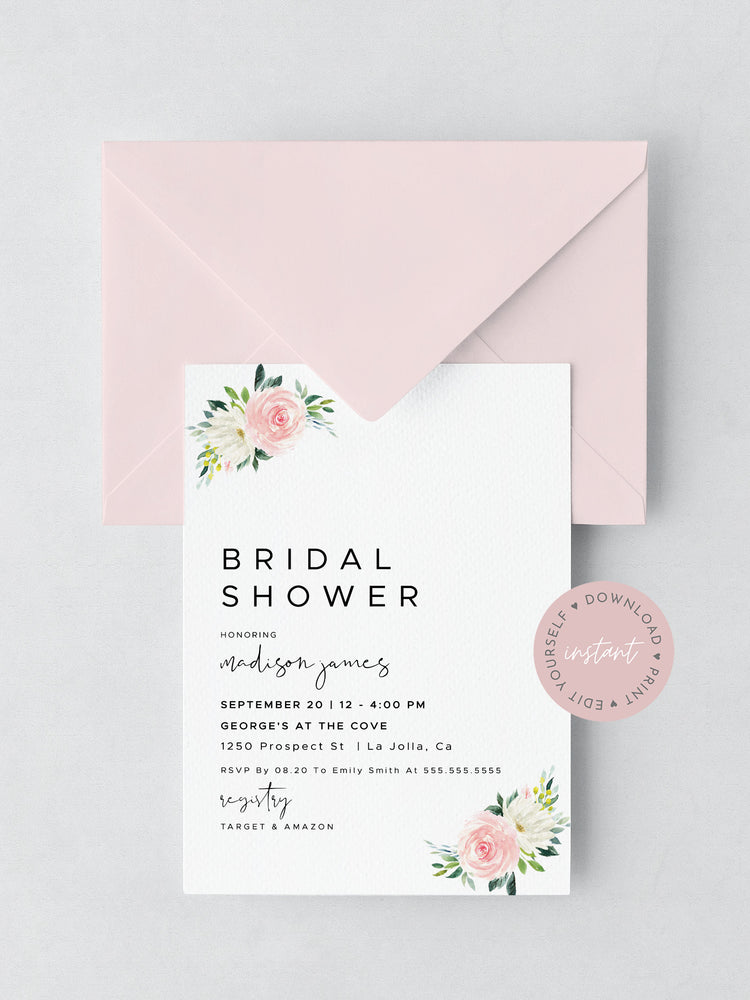 Pink Floral Bridal Shower Invitation, Editable Bridal Shower Invitation Template, Pink Bridal Shower, Pink Watercolor Bridal Shower Template
