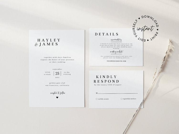 Minimalist Wedding Invitation Set, INSTANT DOWNLOAD, Modern, Simple, Elegant, Editable Template, Invite, RSVP, Details