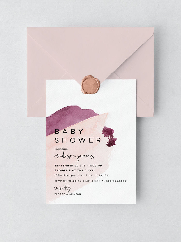 DAKOTA | Pink Burgundy Baby Shower Invitation Template, Pink Burgundy Watercolor, Printable Baby Shower Invitation Template, EDITABLE