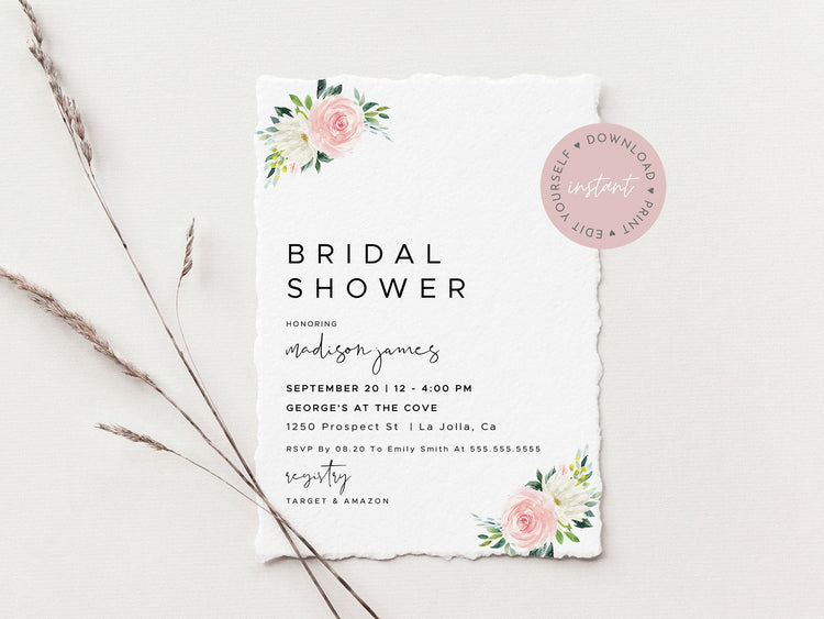Pink Floral Bridal Shower Invitation, Editable Bridal Shower Invitation Template, Pink Bridal Shower, Pink Watercolor Bridal Shower Template