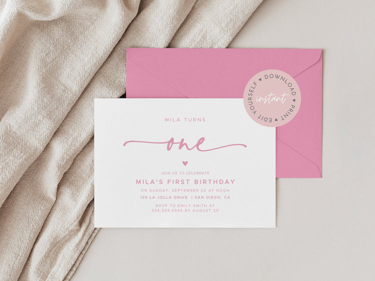 Modern Pink Minimal First Birthday Invitation | Editable Birthday Invite| Printable Birthday | Girls Birthday Invitation Template |
