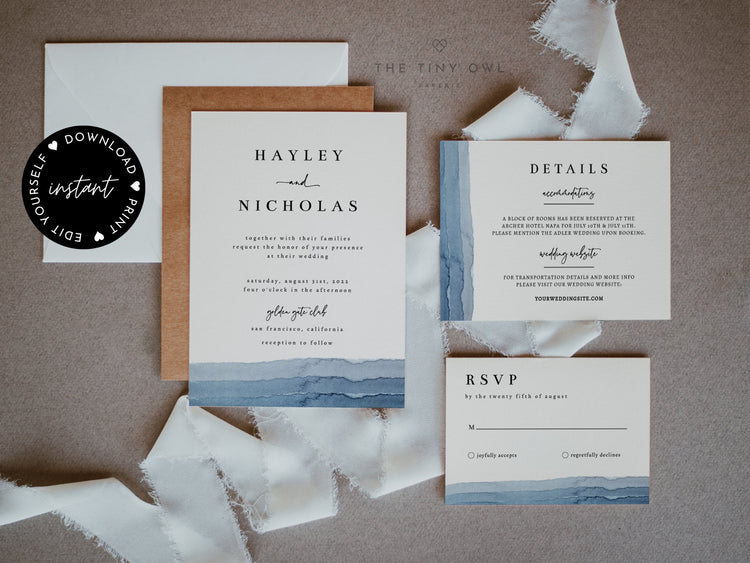 Blue Watercolor Ombre Wedding Invitation Template, DIY Wedding Invitation Suite,Wedding Invitation Set, Modern Wedding Template #0711B
