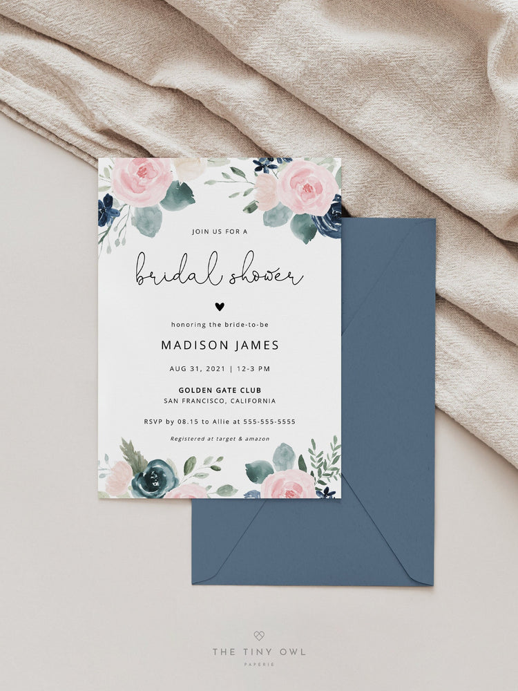 Navy and Blush Bridal Shower Invitation Template, Blush and Navy Bridal Shower Invite, Floral Bridal Shower Invite Instant #023N
