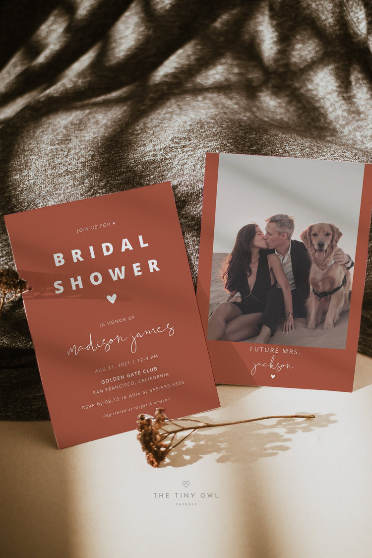 Terracotta Bridal Shower Invitation Template, Burnt Orange Bridal Shower Invite with Photo, Rust Bridal Shower Minimalist #058T