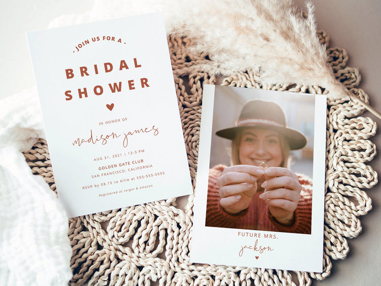 Terracotta Bridal Shower Invitation Template, Burnt Orange Bridal Shower Invite with Photo, Rust Bridal Shower Minimalist #058T