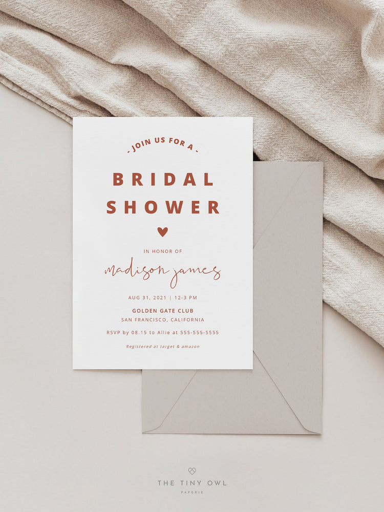 Terracotta Bridal Shower Invitation Template, Burnt Orange Bridal Shower Invite with Photo, Rust Bridal Shower Minimalist #058T