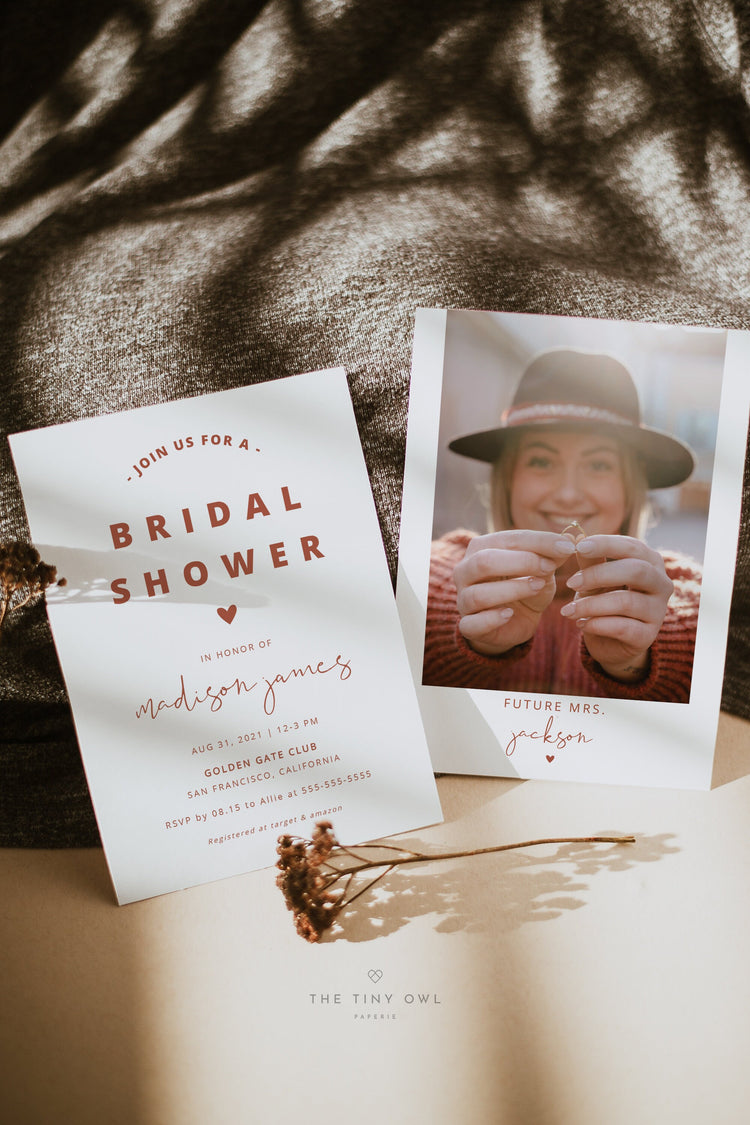 Terracotta Bridal Shower Invitation Template, Burnt Orange Bridal Shower Invite with Photo, Rust Bridal Shower Minimalist #058T