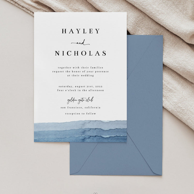 Blue Watercolor Ombre Wedding Invitation Template, DIY Wedding Invitation Suite,Wedding Invitation Set, Modern Wedding Template #0711B