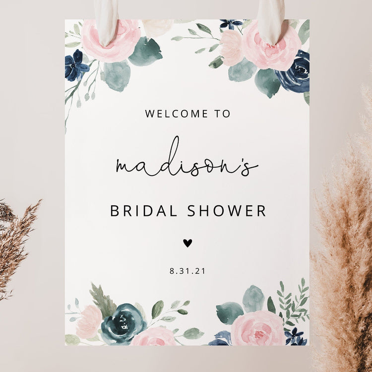 Bridal Shower Welcome Sign Template, Blush and Navy Floral Welcome Sign, Garden Bridal Shower, Pink and Blue Bridal Shower Instant #023N