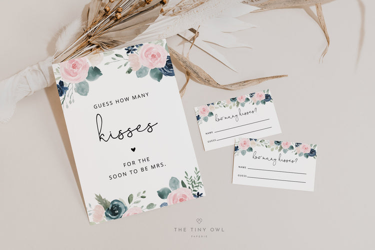 How Many Kisses Bridal Shower Game Template, Blush and Navy Floral Bridal Shower Games Instant Download, Blue and Pink Flowers DIY #023N