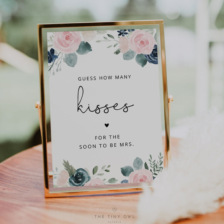How Many Kisses Bridal Shower Game Template, Blush and Navy Floral Bridal Shower Games Instant Download, Blue and Pink Flowers DIY #023N