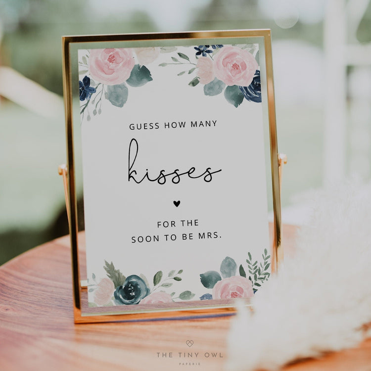 How Many Kisses Bridal Shower Game Template, Blush and Navy Floral Bridal Shower Games Instant Download, Blue and Pink Flowers DIY #023N