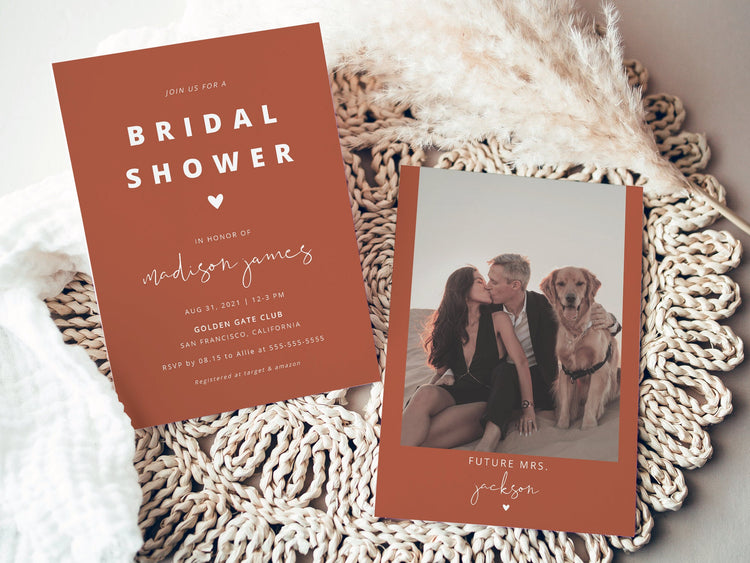 Terracotta Bridal Shower Invitation Template, Burnt Orange Bridal Shower Invite with Photo, Rust Bridal Shower Minimalist #058T