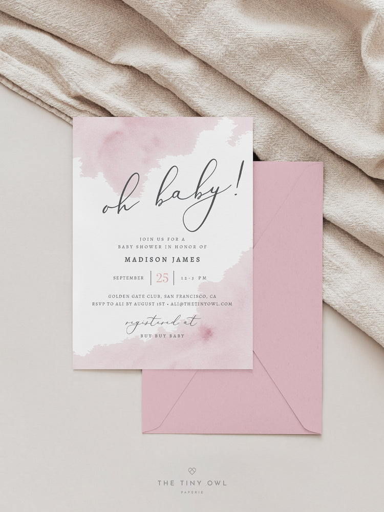 Oh Baby Shower Invitation Template, Baby Shower Invites Blush Pink Watercolor, Printable Editable Invitation, Elegant Baby Shower #02BW