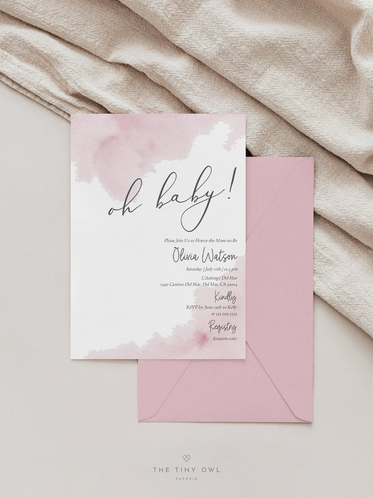 Oh Baby Shower Invitation Template, Baby Shower Invites Blush Pink Watercolor, Printable Editable Invitation, Elegant Baby Shower #02BW