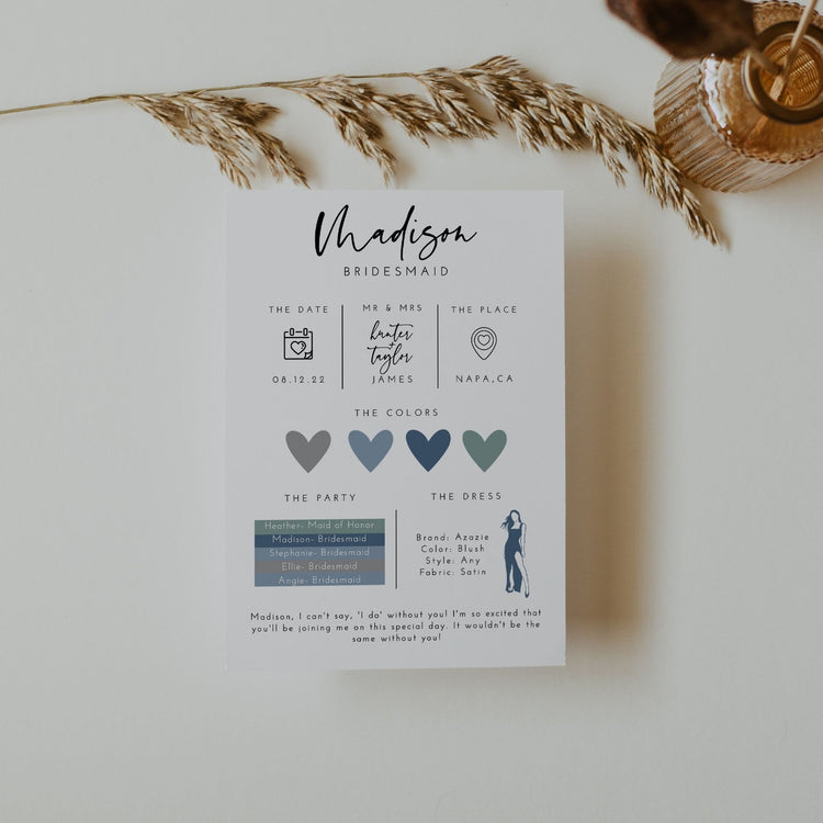Bridesmaid Info Card Template, Bridesmaid Box Detail Card, Bridesmaid Proposal Info Card, Modern Bridesmaid Infographic