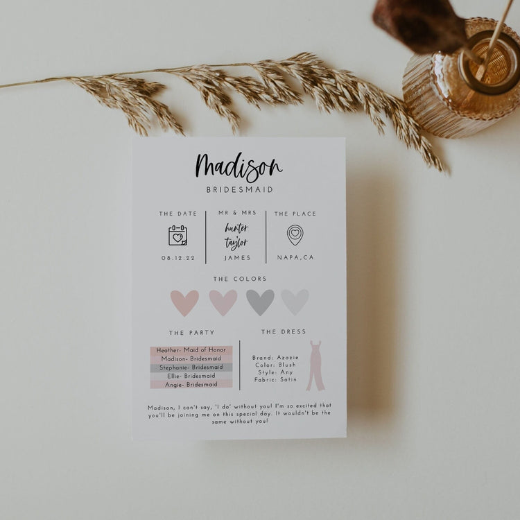 Bridesmaid Box Detail Cards, Bridesmaid Card Insert, Bridesmaid Proposal Idea, Bridal Party Detail Wedding, Custom Bridesmaid Card Printable