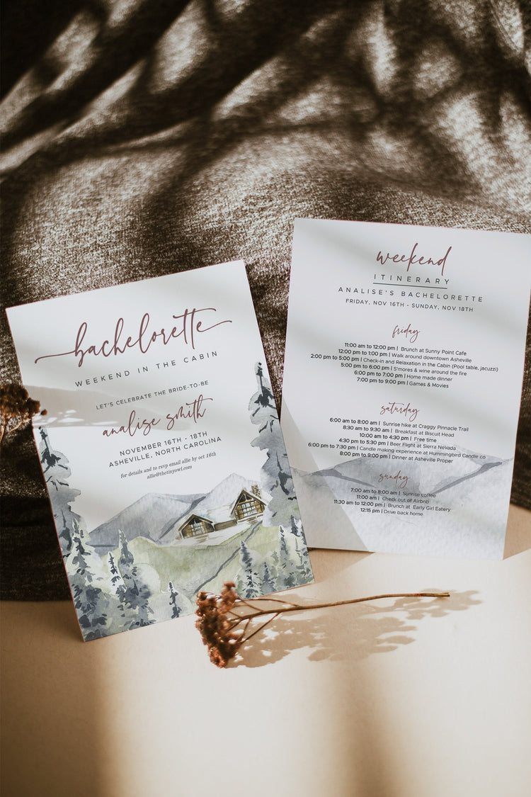 Mountain Bachelorette Party Invitation, Cabin Bachelorette Weekend Itinerary, Camping Bachelorette Invite Glamping Woods