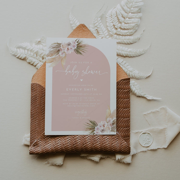 JOLENE | Pampas Grass Baby Shower Invite, Boho Baby Shower, Arch Baby Shower, Pink Baby Shower, DIY Baby Shower Invitation, Editable