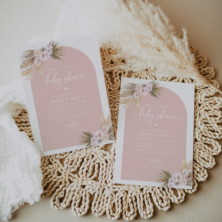 JOLENE | Pampas Grass Baby Shower Invite, Boho Baby Shower, Arch Baby Shower, Pink Baby Shower, DIY Baby Shower Invitation, Editable