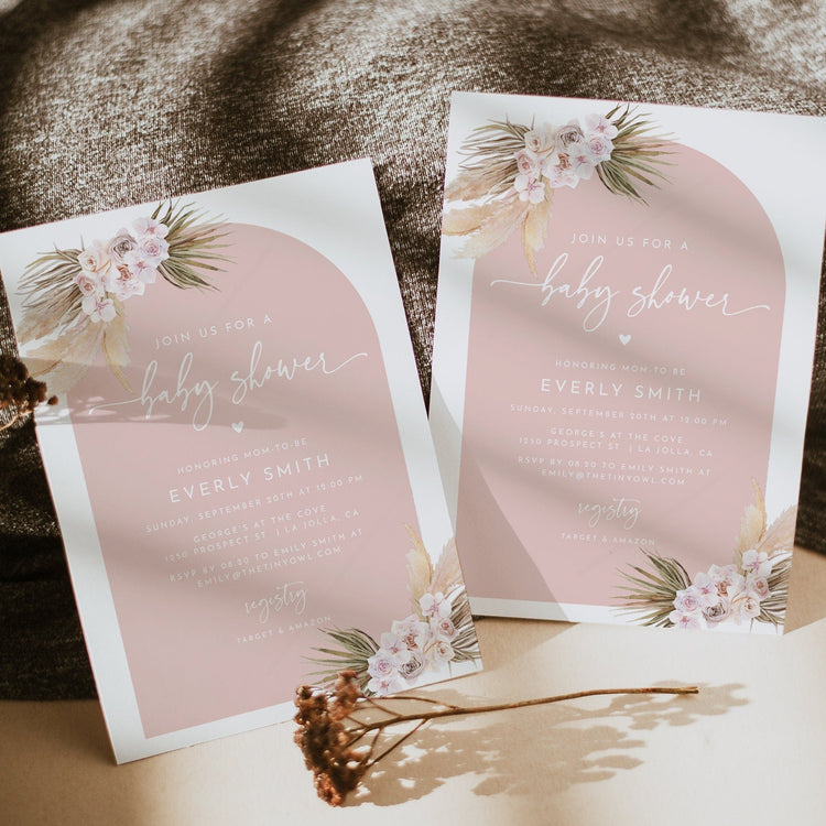 JOLENE | Pampas Grass Baby Shower Invite, Boho Baby Shower, Arch Baby Shower, Pink Baby Shower, DIY Baby Shower Invitation, Editable