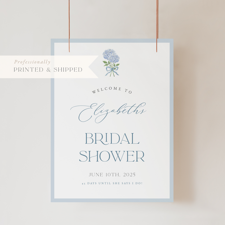 Blue Hydrangea Bridal Shower Welcome Sign | Professionally Printed & Shipped