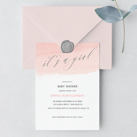 Girl Baby Shower Invitation Template, It's a Girl Baby Shower Invites Watercolor, Printable Invite Editable Invitation, Elegant Baby Shower
