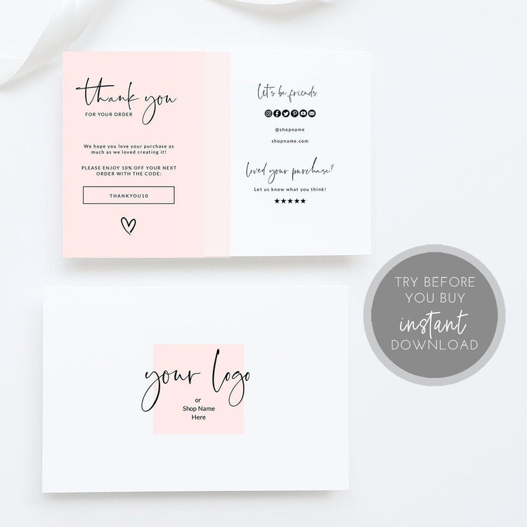 EDITABLE Business Thank You Card Printable | Blush Pink Thank You | Thanks For Your Purchase Card | Seller Thank You | Customer Thank You
