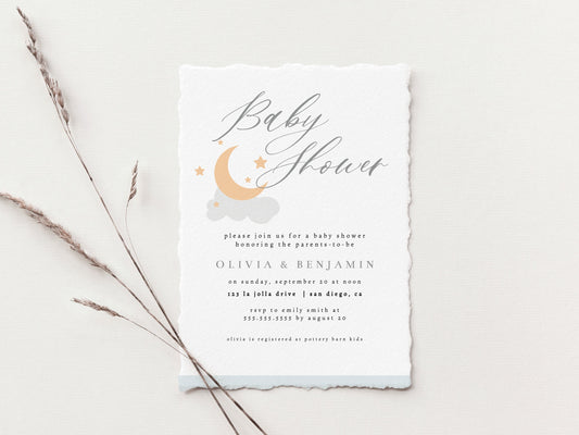 Moon and Stars Baby Shower Invite, Cloud Baby Shower Invitation, Stars Baby Shower Invitation, Editable Invitation