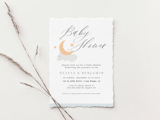 Moon and Stars Baby Shower Invite, Cloud Baby Shower Invitation, Stars Baby Shower Invitation, Editable Invitation