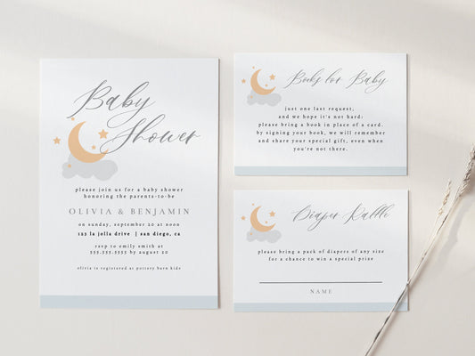 Moon and Stars Baby Shower Invite, Cloud Baby Shower Invitation, Stars Baby Shower Invitation, Editable Invitation