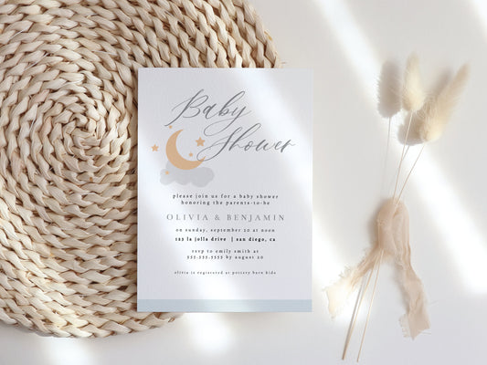 Moon and Stars Baby Shower Invite, Cloud Baby Shower Invitation, Stars Baby Shower Invitation, Editable Invitation
