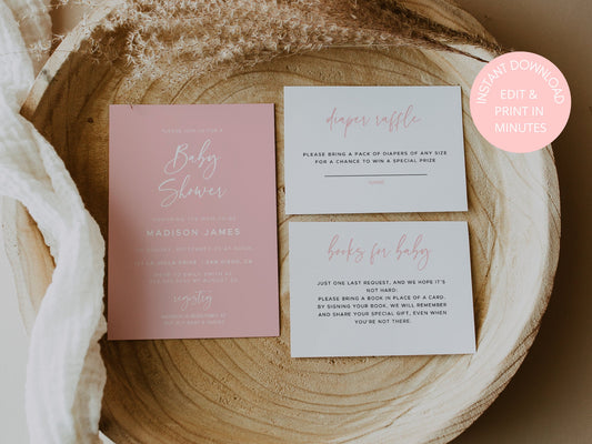 Pink Baby Shower Invitation Template | Girl Baby Shower Bundle | Books for Baby Diaper Raffle | Minimalist Baby Shower Invite