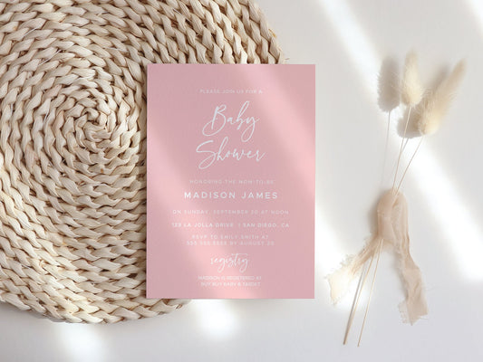 Pink Baby Shower Invitation Template | Girl Baby Shower Bundle | Books for Baby Diaper Raffle | Minimalist Baby Shower Invite